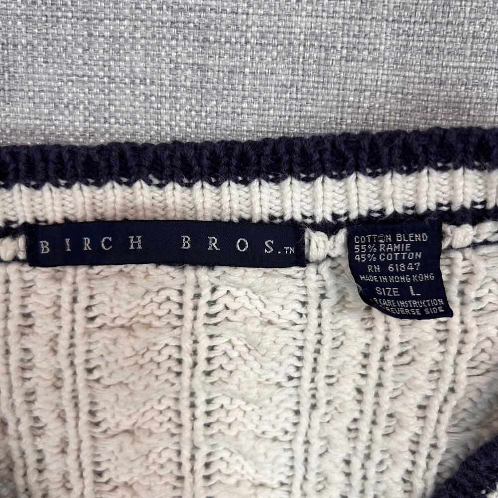 VTG 90s Birch Bros Cable Knit Cricket Sweater Women L White Navy Ivy Tennis Prep - Picture 3 of 9